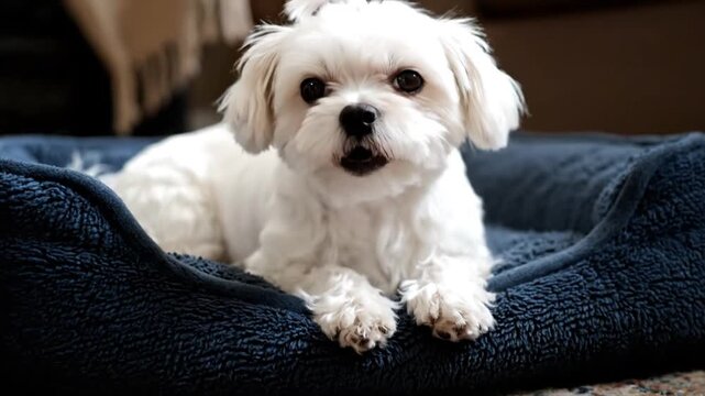 Cute White Maltese Puppy Waking Up and Yawning in Blue Pet Bed