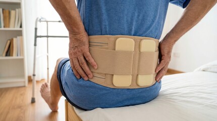 Senior man adjusting lumbar belt for back pain relief, sitting on bed. Elderly male with posture support. Healthcare and medical concept.