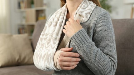 Woman with a broken arm in a sling. Concept of injury, pain and recovery. Healthcare and medical support for accident or fracture treatment.