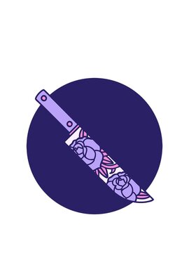 rise and float animation of iconic tattoo style image of a dagger and flowers