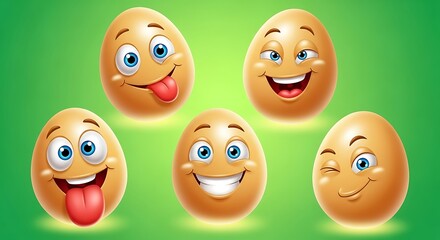 A group of happy emojis with different facial expressions on a green background