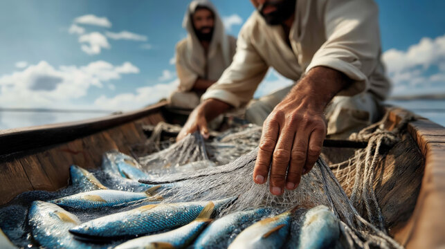 Close-up of hands holding overflowing fishing net full of fish, abundant catch miracle with Jesus in background