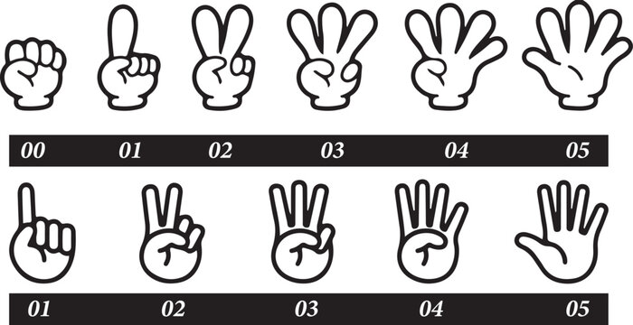 Retro cartoon legs and hands,Set of outline hands counting numbers. Hand gestures. Vector illustration
