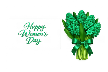 Happy women's day lettering and green hyacinth bouquet