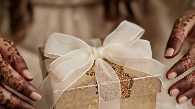 Hands with intricate henna patterns gently wrap a gift at a joyful occasion. Soft setting with warm tones highlighting celebration and family gatherings