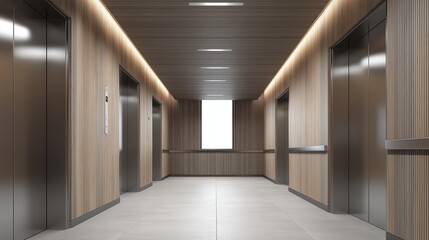 Modern elevator lobby with wooden walls. Luxury office interior, hotel corridor, or apartment building hallway design for residential or commercial property.