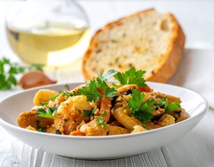 Seafood mix in a white bowl, garnished with parsley, next to bread and olive oil on a white wooden surface