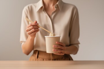 Woman eating instant ramen noodles with chopsticks from a paper cup. Quick and easy lunch or snack for young people. Takeaway asian food concept.