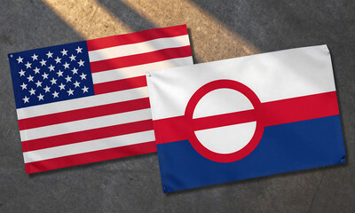 shot two vibrant flags usa greenland arranged bold brushstrokes dark grey concrete