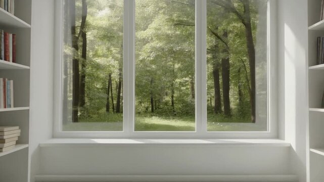 White Library Room Interior with Bookshelves and Large Window Overlooking Green Forest, Zoom In