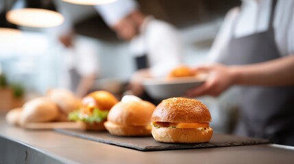 Chefs preparing gourmet burgers in a modern kitchen, showcasing fresh ingredients and culinary skills in a vibrant restaurant environment