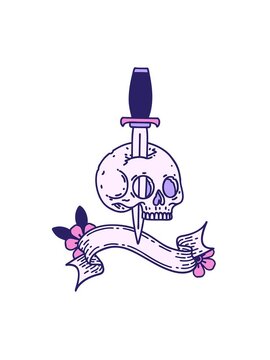 vibrating motion animation of cartoon of a traditional tattoo with banner of a skull