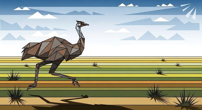 Ostrich Running in Open Grassland Landscape.