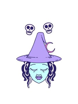 spinning skulls animation of Retro Tattoo Style half orc witch character face