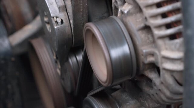 Close-up view of a car alternator and drive belt mechanism rotating while the engine is running, showing the mechanical power transmission and electricity generation for the vehicle