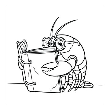 Cute lobster wearing glasses reading a book, fun underwater educational coloring page for kids