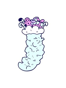 neon light effect animation of cartoon doodle christmas stocking stuffed with toys