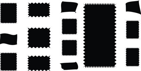 Set of rectangular frames with jagged wavy scalloped and zigzag edges. Rectangle jagged curved box element. Black shapes isolated on white background. Hand drawn vector illustration .