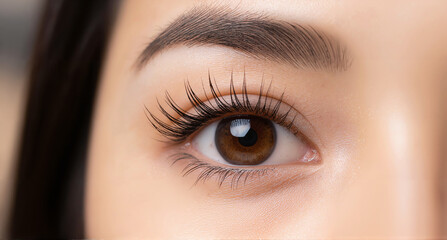 Fototapeta premium Close-up view of a beautiful brown eye with long, dark eyelashes and well-defined eyebrows, highlighting natural beauty and makeup