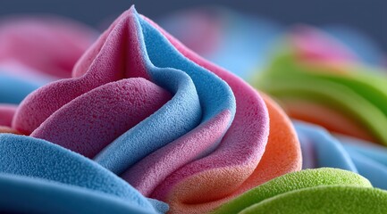 Colorful whipped cream or frosting swirl with visible texture. Sweet dessert food background for bakery or candy advertisement.