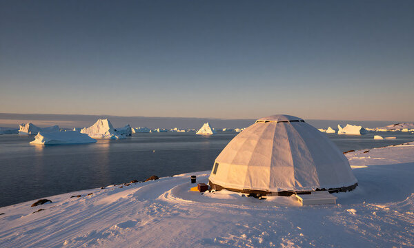 lone igloo hotel stands alone hillside dusk bathed warm golden light midnight sun disko bay