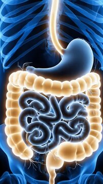 Anatomical illustration of the human digestive system, showcasing the stomach and intestines.