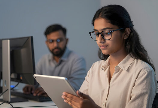 young woman introspective gaze gradually shifts focus towards bespectacled indian engineer holding tablet set futuristic quant