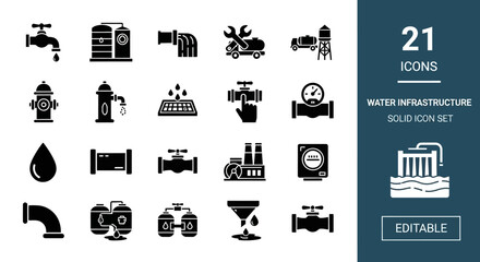 Collection of infrastructure icons representing water management systems and facilities in a solid icon style
