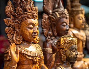 Obraz premium Row of hand-carved wooden statues with intricate details and golden hues, creating a serene, spiritual atmosphere