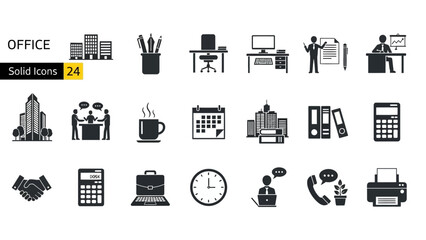 Collection of office icons including workspace, business, communication, technology, and productivity elements