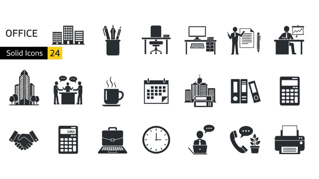 Collection of office icons including workspace, business, communication, technology, and productivity elements