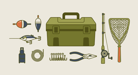 Full Collection of Fishing Gear Including Tackle Box, Rod, Reel, Lures, Floats, and Tools on a Light Background. © paijo