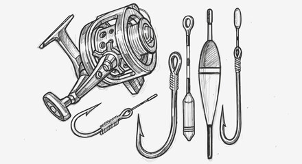 Detailed Sketch of Fishing Reel, Hooks, and Floats on an Isolated White Background. © paijo