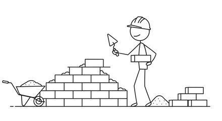 Stick Figure Bricklayer Building a Brick Wall with a Trowel, Mortar, and Bricks on an Isolated White Background.