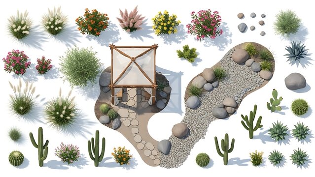 Serene desert garden oasis with pergola and varied flora isolated on white background