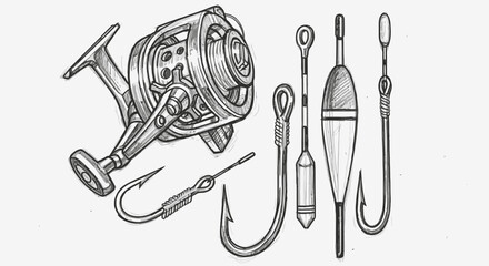 Detailed hand drawn sketch of fishing reel, various hooks, and bobbers on an isolated white background © paijo