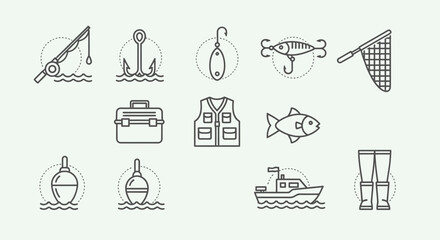 Set of line art fishing equipment and accessories icons on an isolated white background © paijo