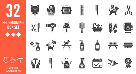 Collection of 32 black pet grooming icons on white background, icon set for pet care services and products