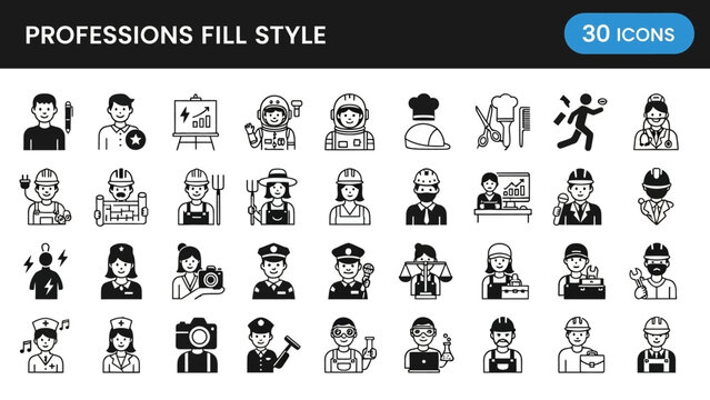 Collection of various profession icons in fill style, featuring people at work, different jobs, and professional roles in a simple graphical representation