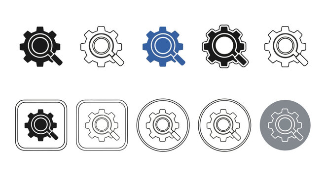 Collection of gear icons in various styles and colors for design and development