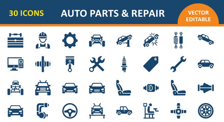 Collection of thirty editable vector icons representing various automobile parts and repair tools on a clean white interface