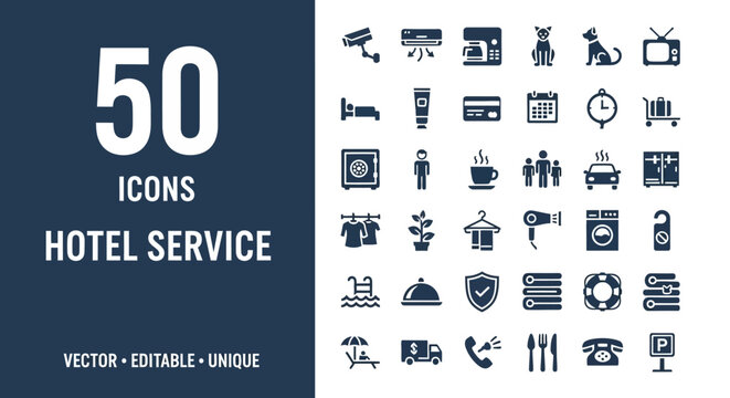 Vector icons for hotel services displayed in a grid layout for editing and customization