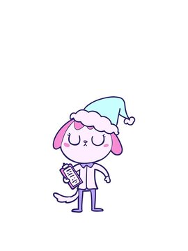 rise and float animation of cute hand drawn line drawing of a dog wearing office shirt wearing santa hat