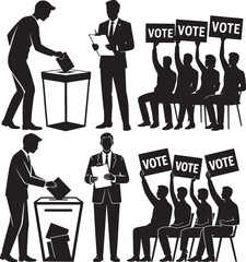 A silhouette illustration depicting people voting and exercising their democratic rights at the polls
