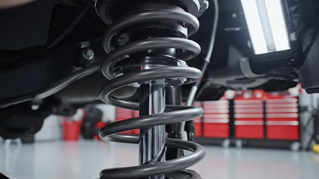 Close-up view of a car suspension system, showcasing the spring and shock absorber.