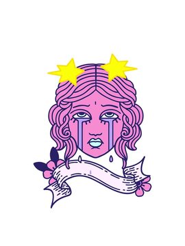 spinning stars animation of traditional tattoo with banner of female face crying