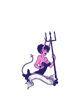 stretching up animation of tattoo in traditional style of a pinup devil girl with banner