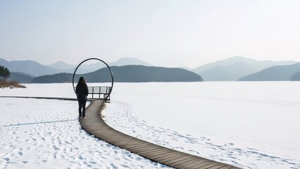 Woman walking on wooden pier in snowy mountain lake