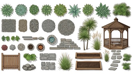 Fototapeta premium Garden elements collection featuring plants and structures isolated on white background