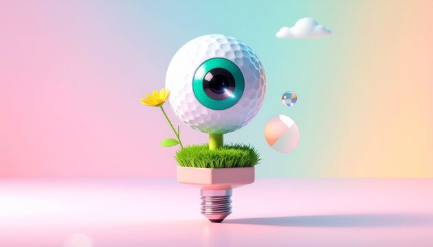 Surreal 3D illustration of a golf ball with a green human eye on a light bulb base with grass and yellow flower on a colorful pastel background